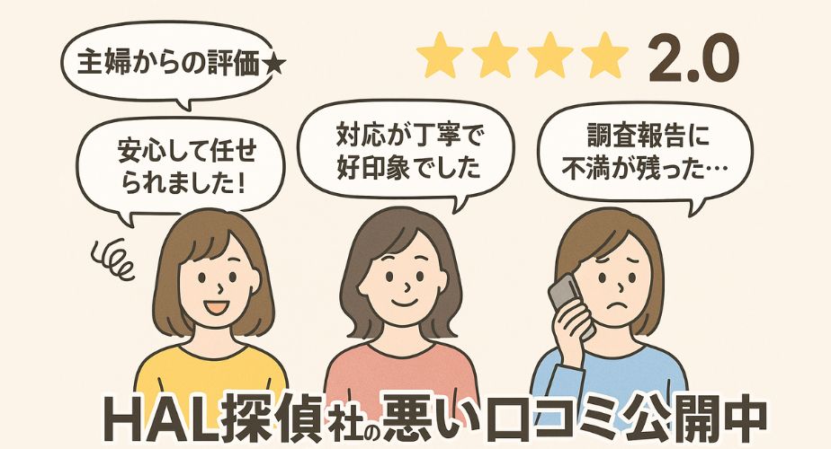 3人の主婦が電話相談やレビューを行っているイラスト。左側の女性は「安心して任せられました！」、中央の女性は「対応が丁寧で好印象でした」と吹き出しで話しており、どちらも笑顔。右側の女性はやや困った表情で「調査報告に不満が残った…」とコメント。画面上部には星5つのうち2つが黄色く塗られており、「2.0」の評価が表示されている。画像下部には「HAL探偵社の悪い口コミ公開中」というテキストが太字で配置されている。