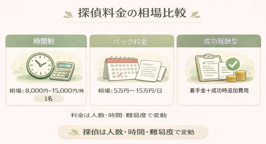 探偵の時間制・パック料金・成功報酬型の違いと相場の考え方を分かりやすくまとめた比較イラストバナー
