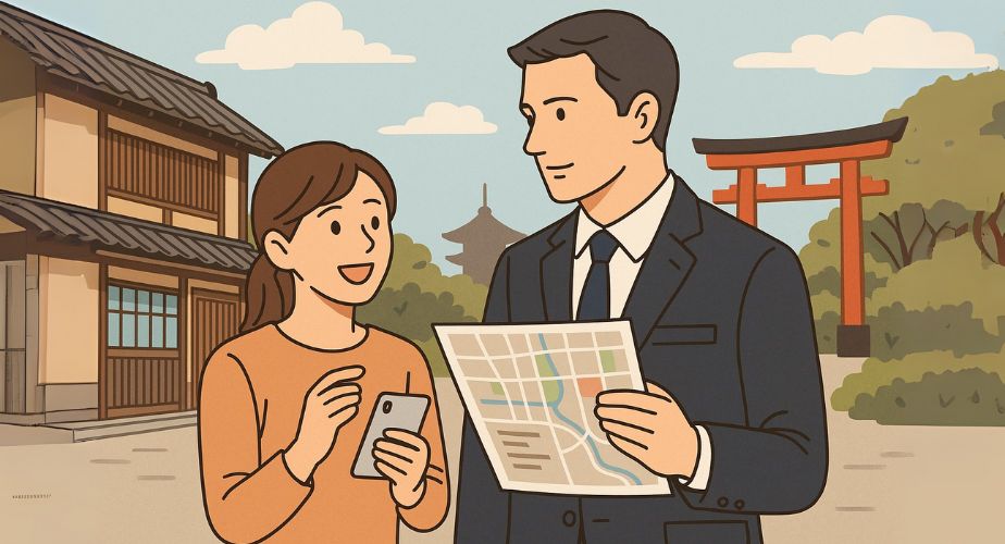 京都の町を調査するスーツ姿の探偵