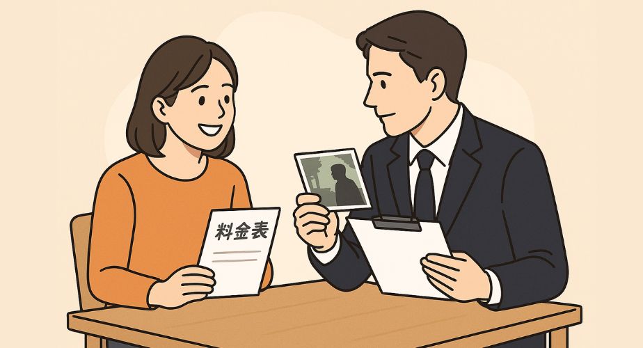 証拠を確認する探偵と料金に納得する依頼者女性