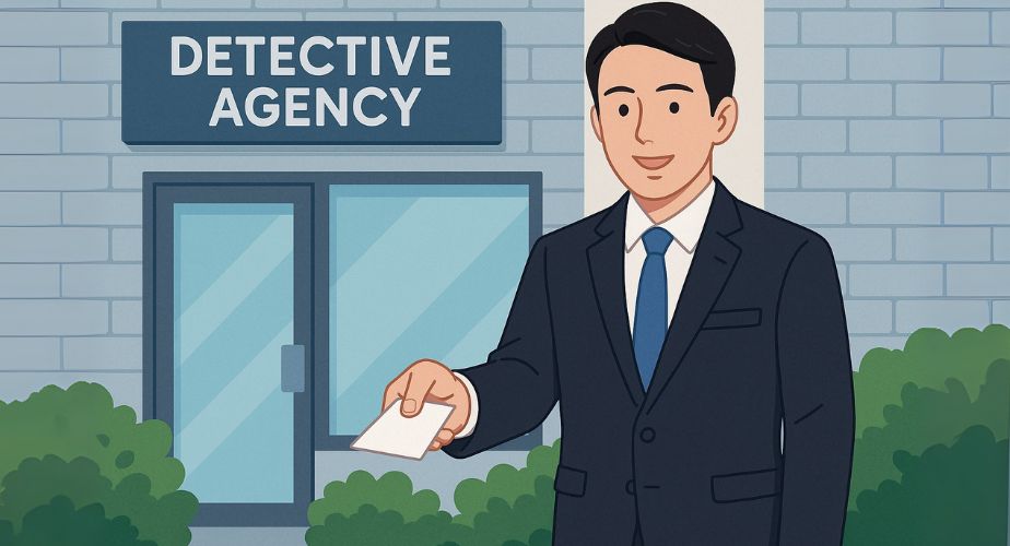 信頼できる探偵社の前で名刺を差し出す探偵の姿