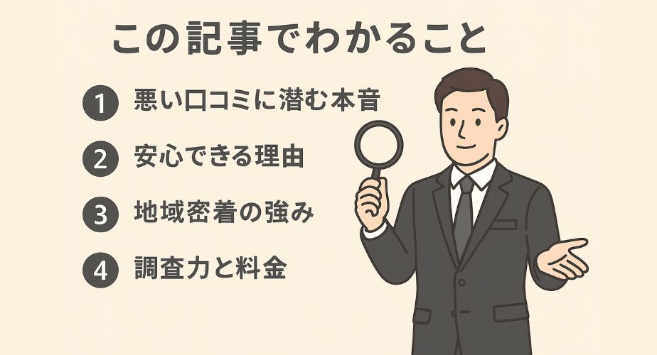 スーツ姿の男性探偵が虫眼鏡を持ち、調査や口コミに関する4つの要点を紹介している日本語のインフォグラフィックイラスト（