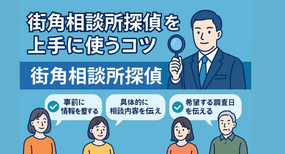 街角探偵相談所を上手に使うコツを紹介するイラスト。青系の背景にスーツ姿の男性探偵のイラストと『街角探偵相談所を上手に使うコツ』というタイトル。下部には5人の利用者がそれぞれ『事前に情報を整える』『具体的に相談内容を伝え』『希望する調査日を伝える』と吹き出しでアドバイスを紹介し、緑色のチェックマークが添えられている。