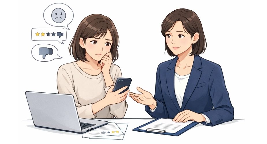 そよかぜ探偵事務所東京本店の悪い口コミや評判を確認して悩む主婦のイメージイラスト