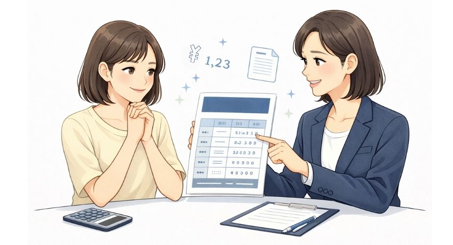 そよかぜ探偵事務所の料金プランや費用の説明を受ける主婦のイラスト