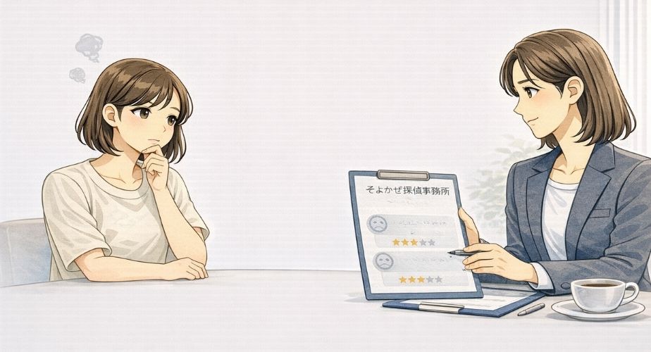 そよかぜ探偵事務所の口コミや評判を総合的に判断する主婦のイメージイラスト