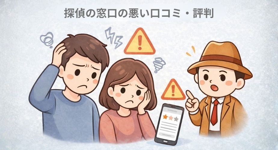 探偵の窓口の悪い口コミを見て悩んでいる男女のイラストのアイキャッチ画像