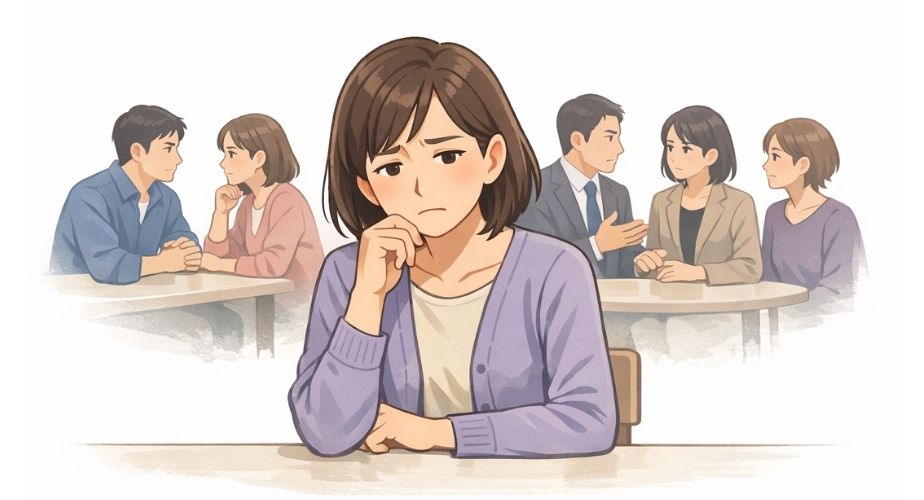 総合探偵社クロル大阪の悪い口コミや評判について不安そうに考える主婦のイラスト