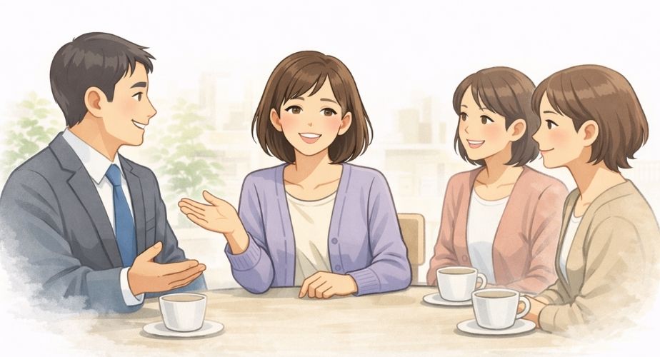 総合探偵社クロル大阪の良い口コミや評判に安心する主婦たちのイラスト