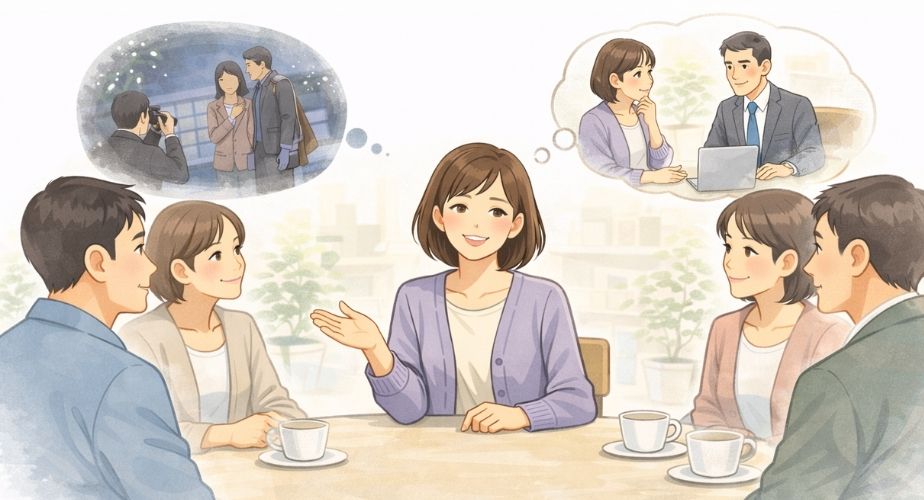 総合探偵社クロルの口コミ体験談を語る主婦と話を聞く人たちのイラスト
