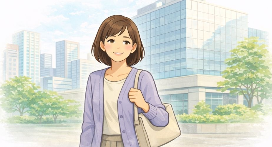 総合探偵社クロル大阪の事務所イメージと安心した表情の主婦のイラスト