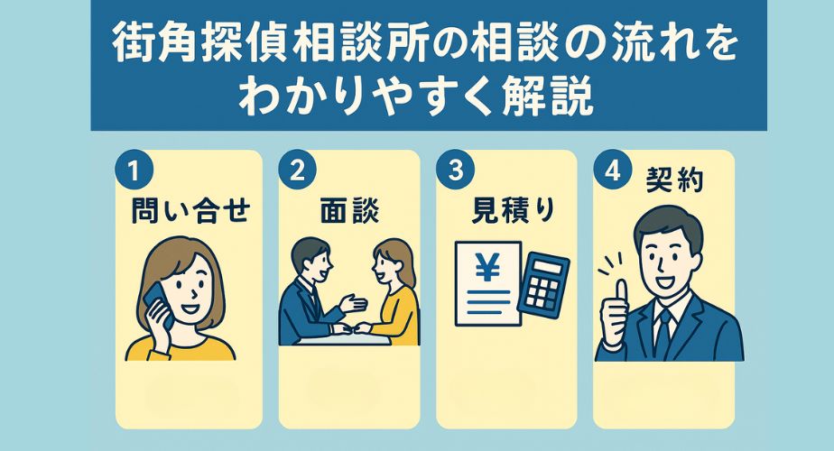 街角探偵相談所の相談の流れをわかりやすく解説する図解。青と黄色を基調とした背景に、1. 問い合わせ（電話をする女性）、2. 面談（相談をする男女）、3. 見積り（料金表と電卓）、4. 契約（親指を立てるスーツ姿の男性）の4ステップが番号付きで並び、それぞれに説明とイラストが添えられている。