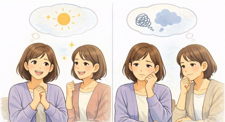 総合探偵社クロル大阪をおすすめする人としない人をイメージした主婦たちのイラスト