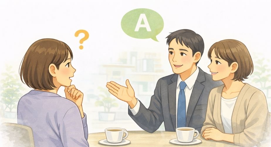 総合探偵社クロル大阪のQ&Aで疑問を解消する主婦のイラスト