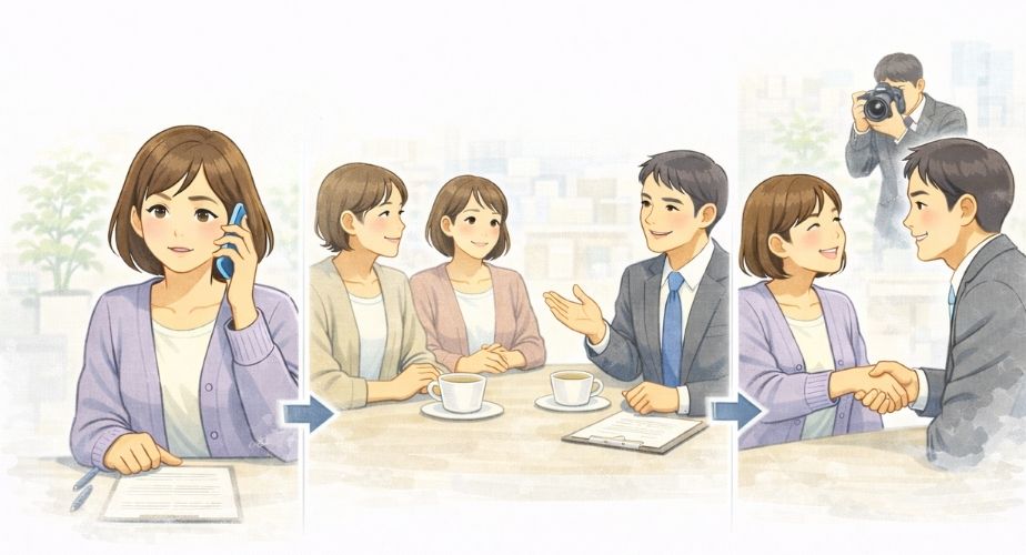 総合探偵社クロル大阪の相談から調査までの流れをイメージした主婦のイラスト