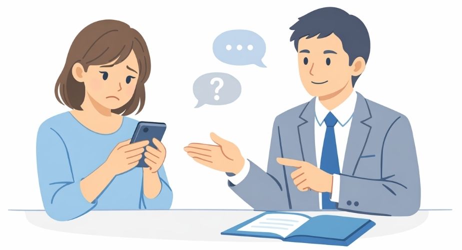 響・Agentの悪い口コミや評判を確認し、不安そうに相談する主婦と説明する相談員のイラスト