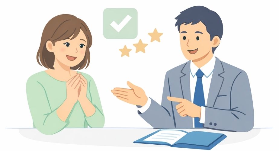 響・Agentの良い口コミや高評価の理由を表す、安心した表情の相談シーンのイラスト