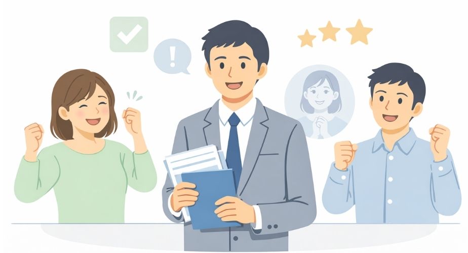 響・Agentに依頼した人たちの体験談や実例を表現した相談後のイラスト