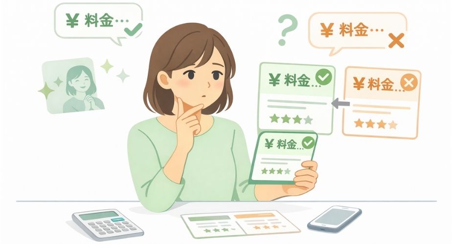 響・Agentの料金が高いか安いかを比較検討している主婦と料金カードのイラスト