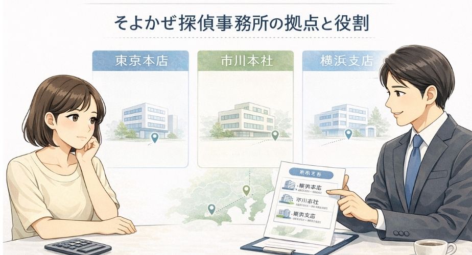 そよかぜ探偵事務所の拠点一覧と役割の違いを説明するイメージイラスト