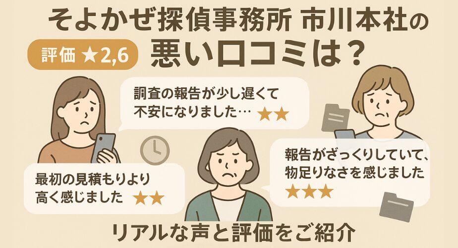 そよかぜ探偵事務所 市川本社の悪い口コミを紹介するアイキャッチ画像。30代〜50代の主婦3人が吹き出しで不満を表現。
