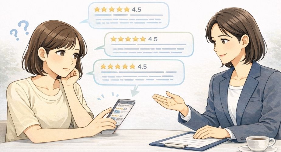 探偵事務所各拠点の口コミや評判を確認する主婦のイメージイラスト