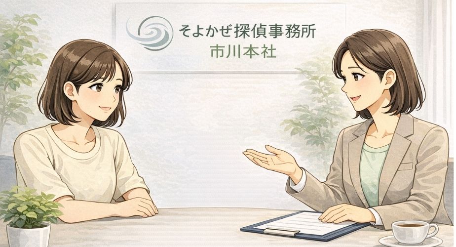 市川本社がどんな主婦に向いているかを説明する相談シーンのイラスト