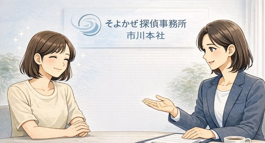 市川本社の口コミや評判を見て安心する主婦のイメージイラスト