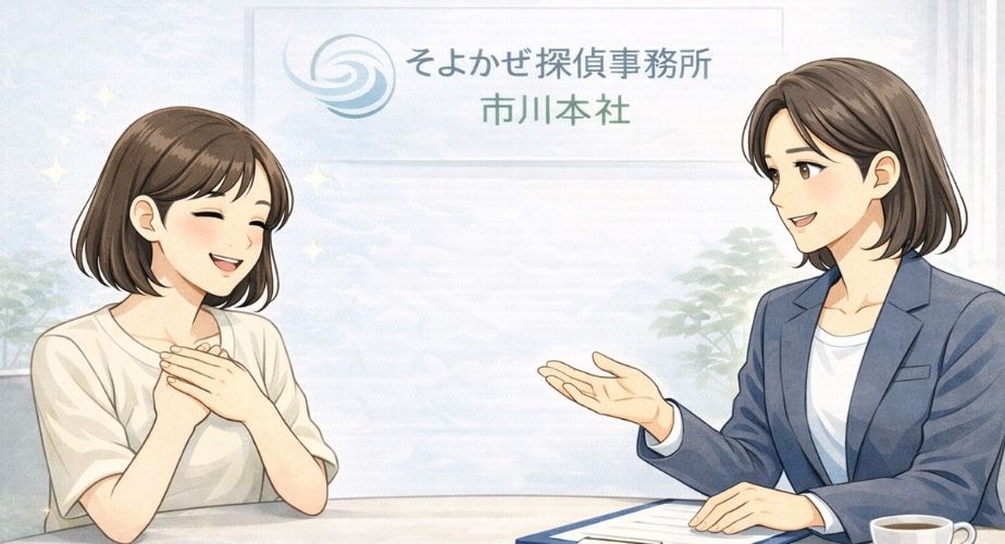 市川本社の良い口コミや高評価に安心する主婦のイメージイラスト