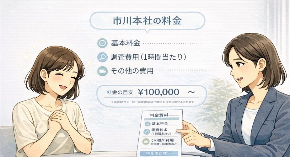 市川本社の料金や費用感について説明を受ける主婦のイメージイラスト