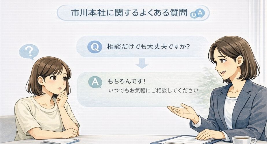 市川本社に関するよくある質問に答える相談シーンのイメージイラスト