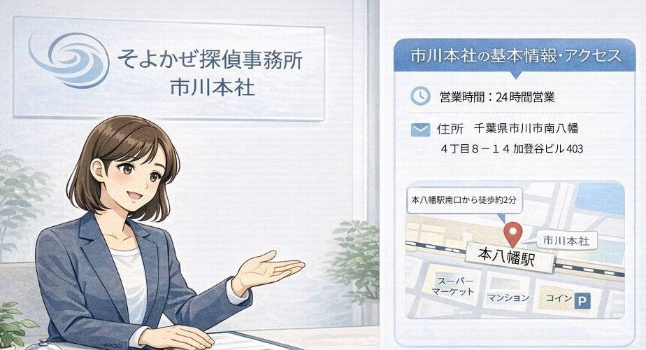 市川本社の基本情報やアクセスをイメージしたイラスト