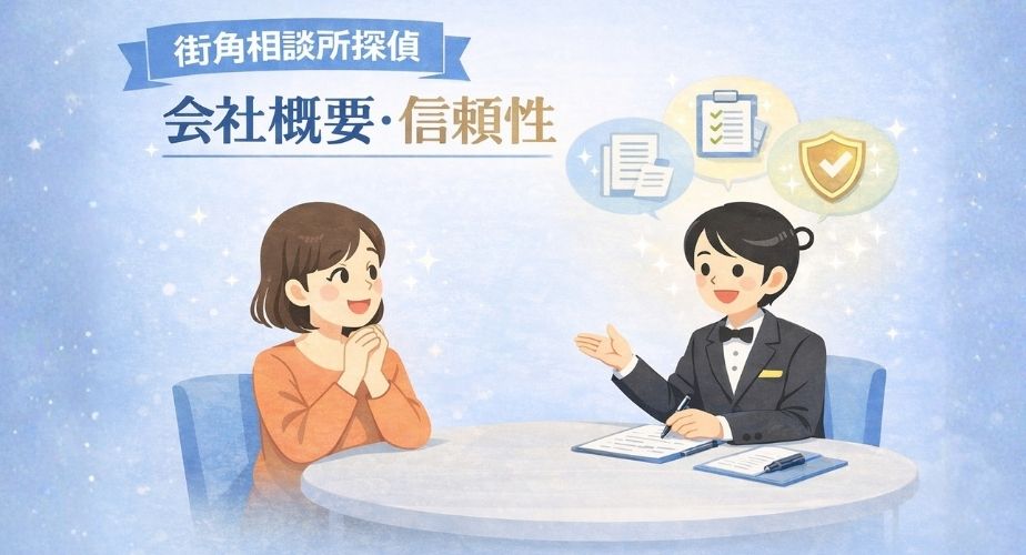 街角相談所探偵の相談員が利用者に会社概要や運営体制について丁寧に説明している、信頼性を感じるイラスト