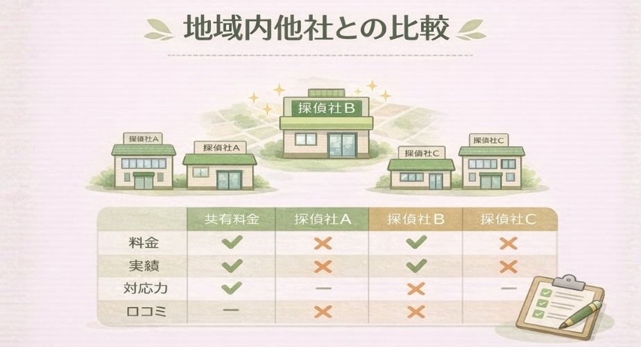 地域内の複数の探偵事務所を料金・実績・口コミなどで比較したイメージ図