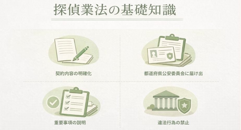 探偵業法の基本知識や届出制度を落ち着いた図解で説明したイメージ図