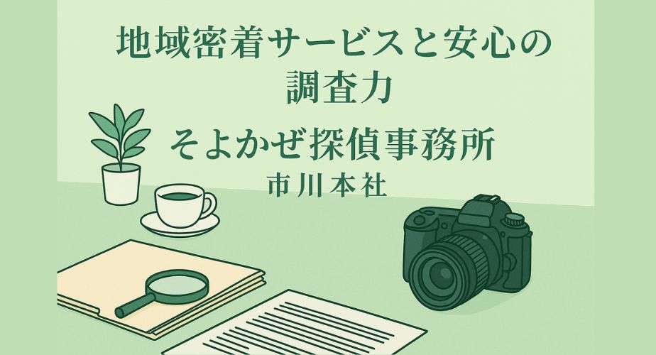 そよかぜ探偵事務所 市川本社の安心感を伝える公式風イラスト。薄い緑背景にカメラや書類、虫眼鏡を配置し、地域密着と信頼を表現。