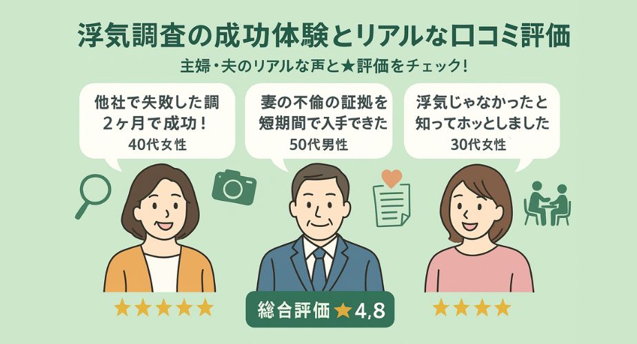そよかぜ探偵事務所 市川本社の浮気調査成功体験の口コミ。40代女性・50代男性・30代女性が星4〜5で満足の声を吹き出し付きで紹介。総合評価★4.8。