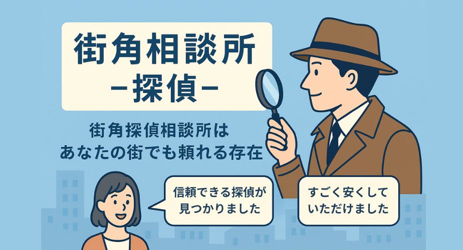 街角相談所 -探偵- の公式イメージ画像。青い背景に『街角探偵相談所はあなたの街でも頼れる存在』というキャッチコピーと、ルーペを持ったスーツ姿の探偵イラスト。左下には女性利用者の『親切に対応すまます…』、右下には『対応がとても丁寧でした』という吹き出しが添えられている。