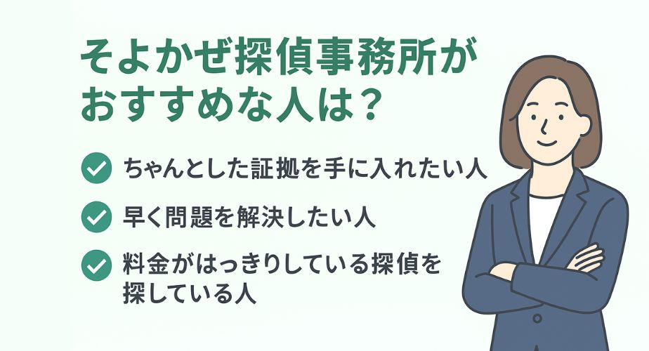 「そよかぜ探偵事務所がおすすめな人は？」というタイトルのもと、3つの対象者の特徴がチェックアイコン付きで表示されている。「ちゃんとした証拠を手に入れたい人」「早く問題を解決したい人」「料金がはっきりしている探偵を探している人」と記載。右側には紺色のジャケットを着た落ち着いた表情の女性のイラストが描かれている。背景は淡い緑色で信頼感を演出している。