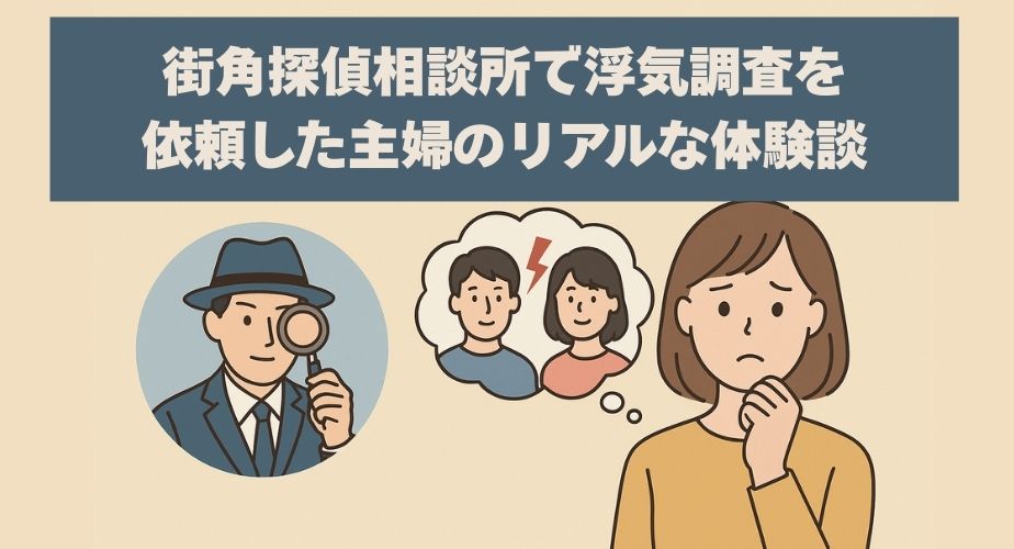 街角探偵相談所で浮気調査を依頼した主婦の体験談を紹介するアイキャッチ画像。中央には不安そうな表情の主婦、その頭上には夫と浮気相手を思わせる男女のイラストと稲妻マークの吹き出し。左側にはルーペを持った探偵のイラストと『街角探偵相談所で浮気調査を依頼した主婦のリアルな体験談』というタイトルが描かれている。