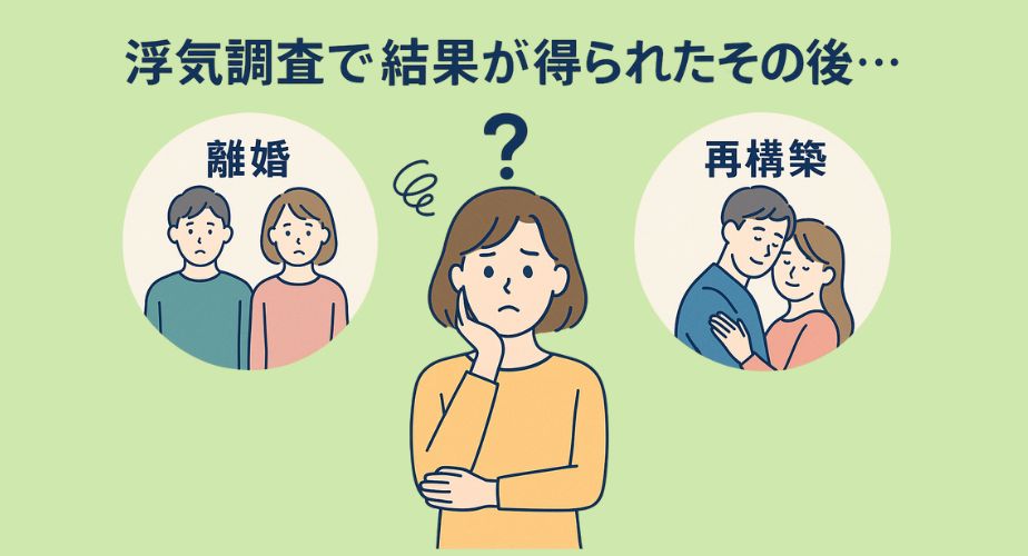 浮気調査後の選択に悩む女性のイラスト。中央に困惑する女性、左右に「離婚」と「再構築」を象徴する夫婦のイラストが描かれている。