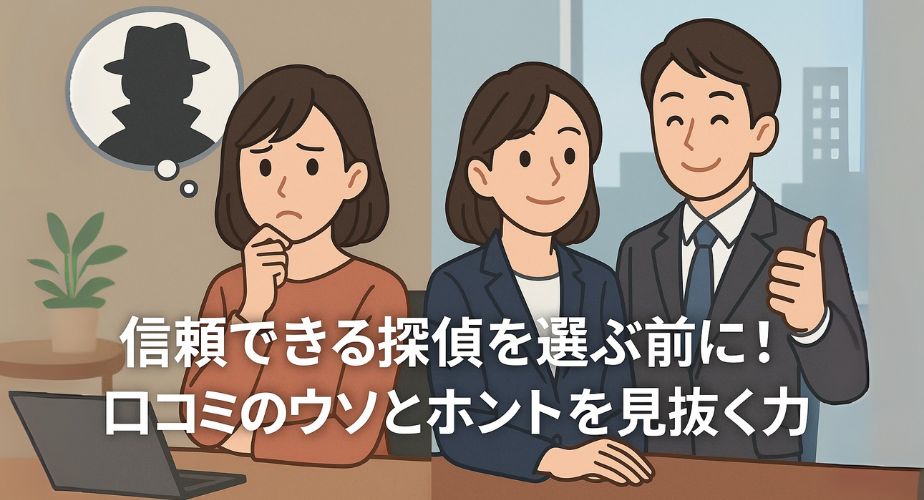 口コミに不安を感じる女性と、信頼できる探偵に安心して相談する女性の対比イラスト。左側には疑わしげな表情と怪しい影絵、右側には笑顔で説明を受ける安心のシーン。タイトル「信頼できる探偵を選ぶ前に！口コミのウソとホントを見抜く力」が中央に表示。