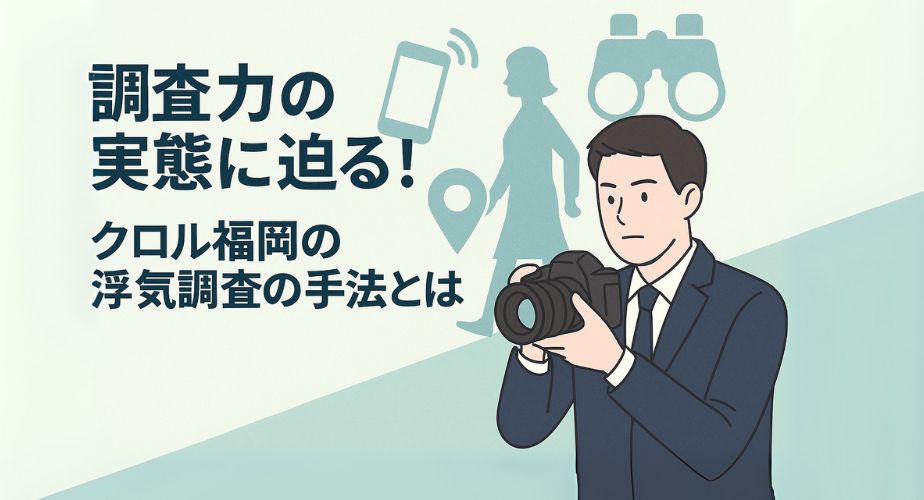 スーツ姿の現代風探偵がカメラを構えるイラスト。背景には浮気調査を象徴するスマホや地図アイコン、人物のシルエットが描かれ、クロル福岡の調査手法のリアルさと信頼感を視覚的に表現している。