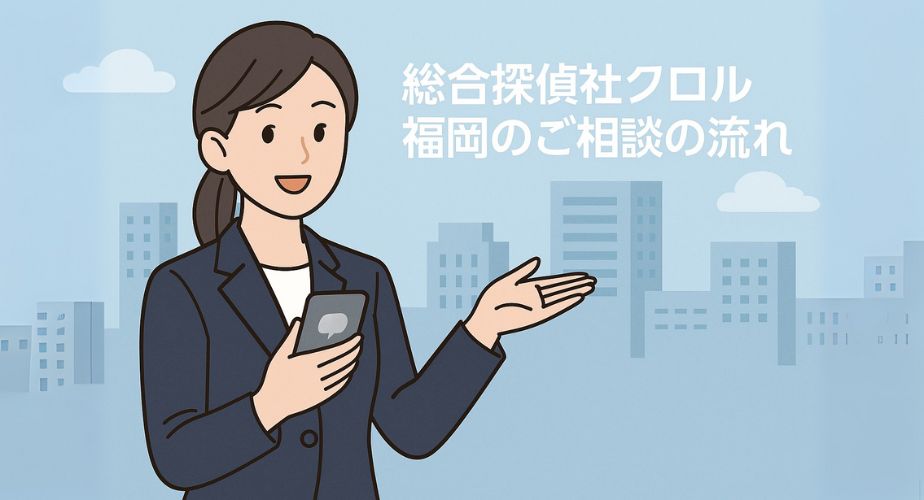 スマホを手に笑顔で相談内容を案内するスーツ姿の日本人女性。背景にはオフィスビルが並び、「総合探偵社クロル 福岡のご相談の流れ」の文字が配置され、安心して相談できる雰囲気を表現している。
