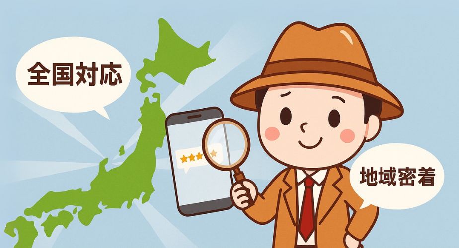 探偵の窓口が地域に密着した理由を示す日本地図とキャラクターのイメージ画像