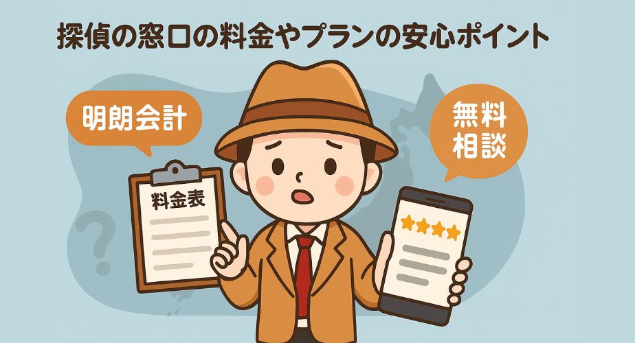 探偵の窓口の料金とプランをわかりやすく説明する安心感のあるイラスト画像
