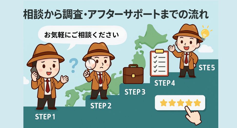 探偵の窓口の相談からアフターサポートまでの流れを示したイラスト画像