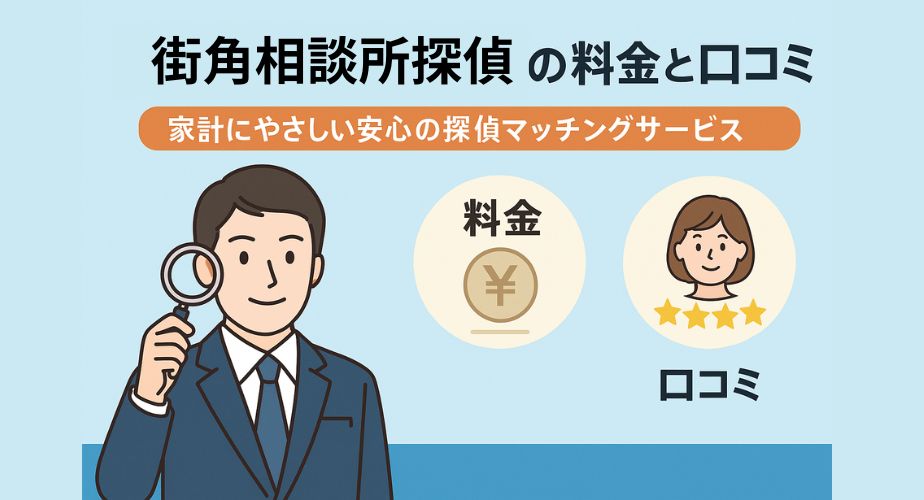 街角探偵相談所の料金と口コミを紹介するアイキャッチ画像。水色の背景にスーツ姿の探偵がルーペを持って微笑んでいる。中央には『料金』と書かれた円マークのアイコン、右側には女性のイラストと星4つの評価が表示されており、『家計にやさしい安心の探偵マッチングサービス』というキャッチコピーが添えられている。