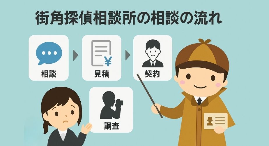街角探偵相談所の相談の流れを説明するイラスト。4ステップと探偵キャラクター。