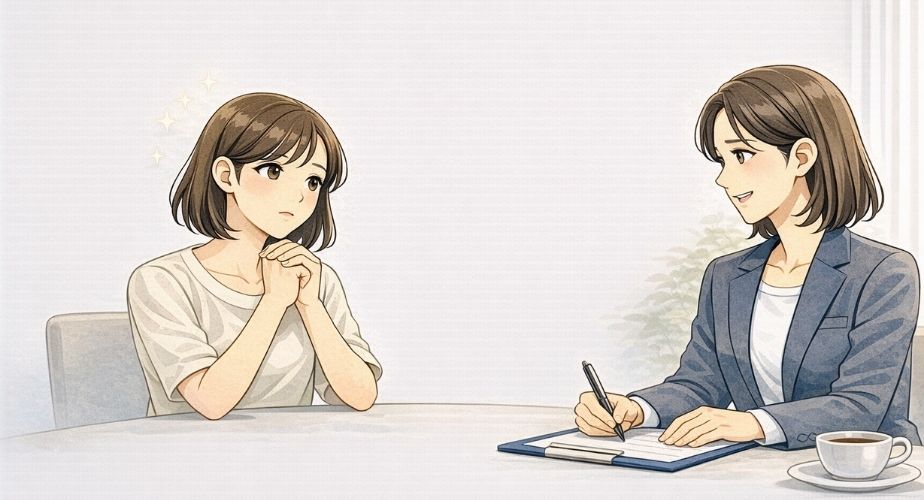 探偵相談の前に知っておくべき大切な前提を説明する主婦と相談員のイメージイラスト